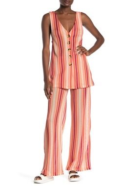 Free People Striped V-Neck Button Tunic & Wide-Leg Pants Set - Coral Multi
